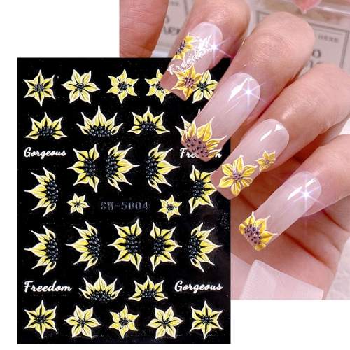 1 Pcs 5D Embossed Flower Nail Polish Sticker Sunflower Tulip Summer Peach Art Design Nail Sticker