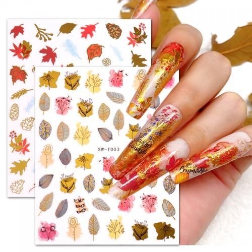 1 Pcs Embossed Flower Nail Sticker Autumn Maple Leaf 3D Self-Adhesive Art Design Fallen Leaves 4-Color Gilded Nail Sticker