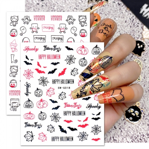 1 Pcs Nail Decal Halloween Nail Stickers Laser Black Red Hot Stamping Lines Skull Pumpkin