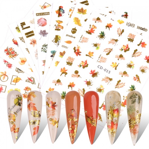 1 Pcs Nail Decal Gilding Maple Fruit Letter Sticker Flower Autumn Decor Manicure Tattoos