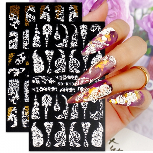 1Sheet White Embossed Flower Lace 5D Sticker Decal Wedding Nail Art Designs Floral Butterfly Manicure Decor