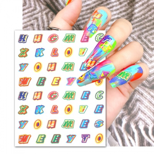 2 Pcs/Set Nail Sticker Adhesive Letter Sliders Design 3D Decal Color Hip Hop Letter Nail Art Sticker