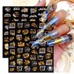 1 Pcs Nail Stickers Laser Gilding 3D Adhesive Autumn Golden Maple Leaf Letter Fan Nail Art Designs Manicure Decor