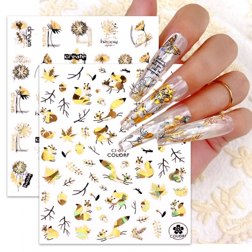 1 Pcs Nail Stickers Laser Gilding Maple Leaf Squirrel Autumn Nail Art Designs Manicure Decor