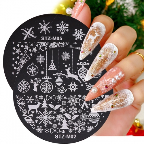 1 Pcs Nail Geometry Transfer Stencils Christmas Nail Small Round Steel Plate Snowflake Fawn Christmas Tree
