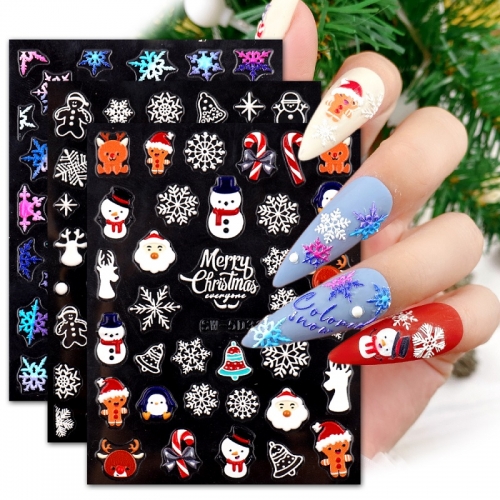 1 Pcs 3D Embossed Nail Stickers Cartoon Christmas Nail Art Colorful Snowflakes Christmas Snowman Nail Decorations