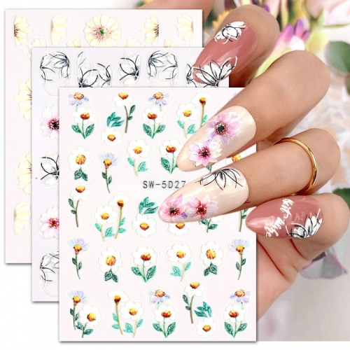 1 Pcs Nail Stickers 3D Adhesive Summer Japanese Small Fresh Small Chrysanthemum Love Nail Art Designs Manicure Decor