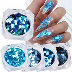 1jar Iridescent Hexagon Nail Manicure Sequins 3D Klein Blue Large Sequins Summer Holographic Shiny Slices Decoration 
