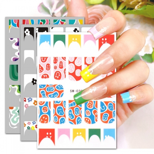 1 Pcs Nail Art Stickers French Nail Stickers Cute Cartoon Flowers Smiling Face Color Streamer Nail Art Stickers