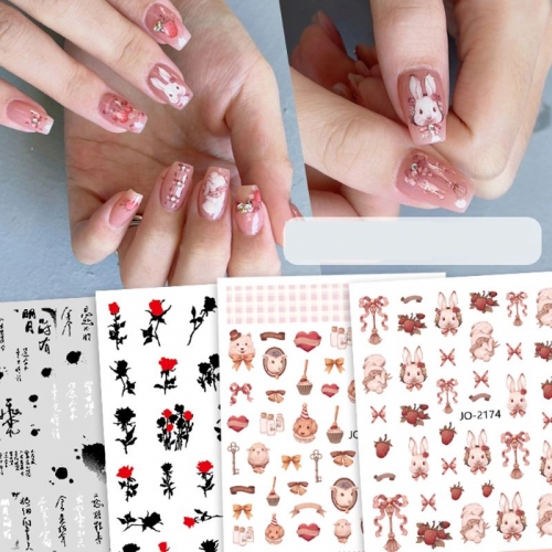 1 Pcs New Nails Stickers Black Red Flower Leaf Nail Art Sliders Lovely Rabbit Dragonfly Decals  Without Packing