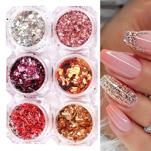 6jars/set Aluminum Foils Sequins Irregular Flakes Gold Silver Nail Glitter Mirror Powder Paillette Manicure Nail Art Decorations