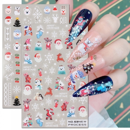 1Pcs Nail Art Sticker Christmas 3D Frosted Snowflake Santa Claus Fawn Decal