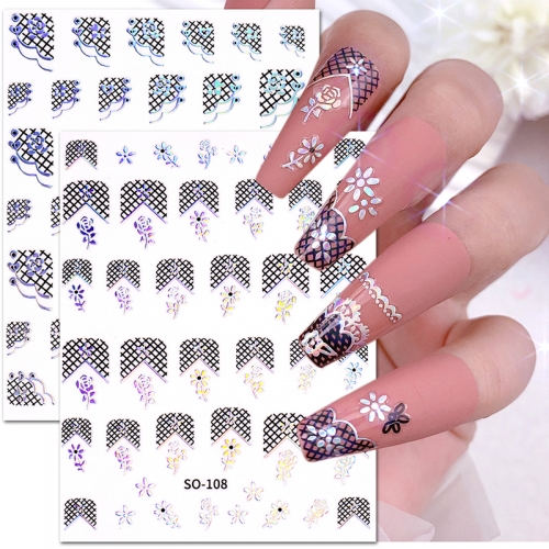 1Pcs French 3D Nail Art Stickers Rose Flower Lace Laser Silver Decals Adhesive Sliders for Nails Charms Decoration Supplies