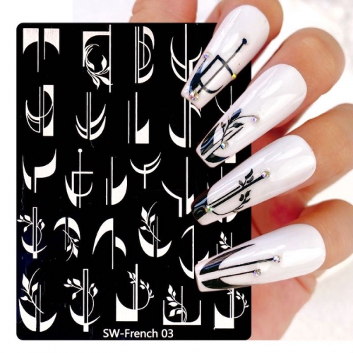 1 Set 3D French Nail Art Stamp Plates Black Form Geometric Graffiti Stripe Line Flower Tattoo Stencil Mold Transfer Plate Printing Tool Template 