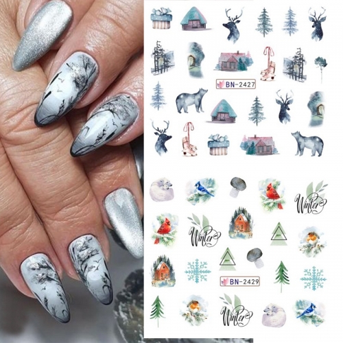 1Pcs Christmas Nail Stickers Moose Winter Snowflake Cartoon Bear Nail Stickers
