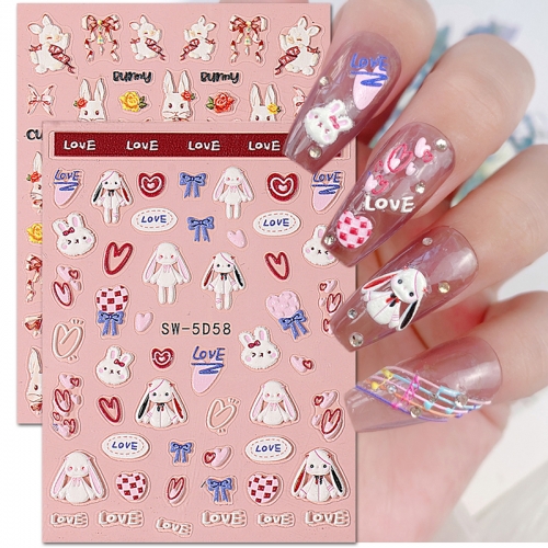 1Pcs 5D Relief Nail Sticker Rabbit Sweetheart Rabbit French Lace Nail Sticker