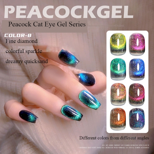 1Pcs Dynamic Sparkling Crystals Cat Magnetic Nail Polish Popular Color Changing Peacock Cat's Eye Nail 