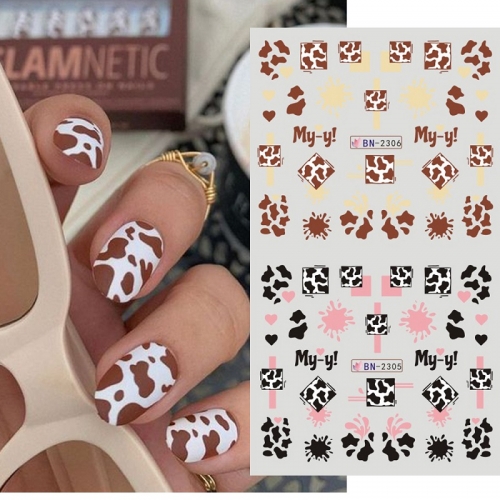  1 Pcs Dairy Cattle Print Black and White Mixed Spotted Animal Nail Slider Cute Cartoon Nail Sticker 