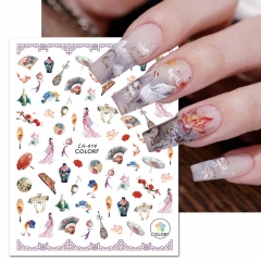 1Pcs Nail Art Sticker Chinese Classical Red-crowned Crane Lotus Goldfish Nails Stickers