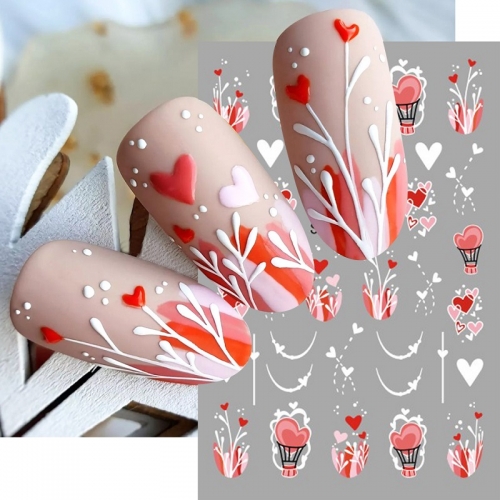 1Pcs Valentine Day Nail Stickers Balloon Gift Cute Girl Flower Water Decals Heart Design Watermark Decor Manicure 