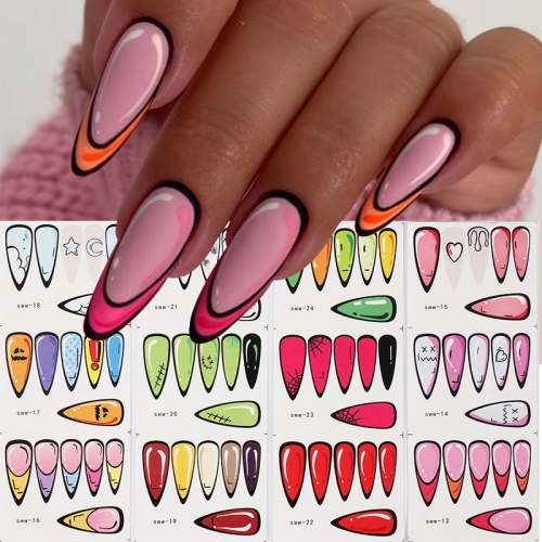 1sheet  Comic Graffiti Style Nail Art Sliders Pop Dimension Transfer Decals Simple Line Cartoon Water Sticker 