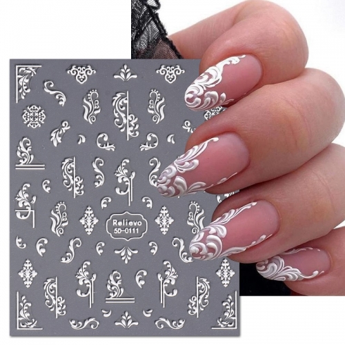 1 Pcs 5D Relief Nail Care Sticker White Lace Snowflake Nail Sliders Nail Art Decoration