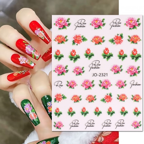 1 Pcs Nail Stickers Wholesale Red Northeast Cotton Coat Rose Peony Nail Decals Nail Art Decoration