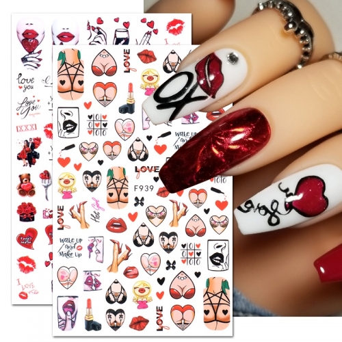 1 Pcs Valentine's Day Nail Sticker Wholesale Red Lips Sexy Love Cartoon Bear Nail Decal Nail Art Decoration