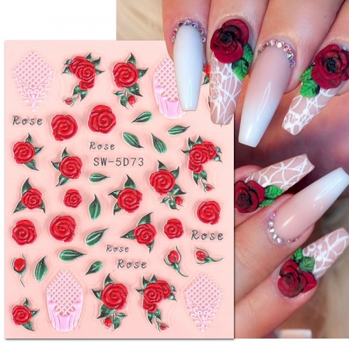 1 Pcs Valentine's Day Nail Sticker Transfer 5D Relief Red Rose Spring Flowers Plants Decal Nail Art Decoration