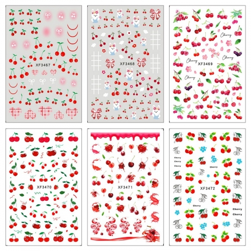 1 Pcs Nail Enhancement Sticker Pink Plaid Love Big Red Cherry Fruit Designs 3D Decorations DIY Nail Sticker