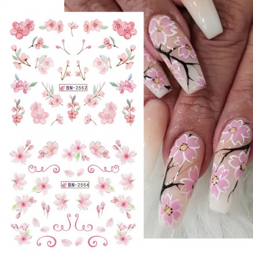 1sheet Cherry Flower Nail Polish Sticker Cherry Flower Petals Pink Flower Spring Flower Decal Design Watermark Nail Enhancement Accessories 