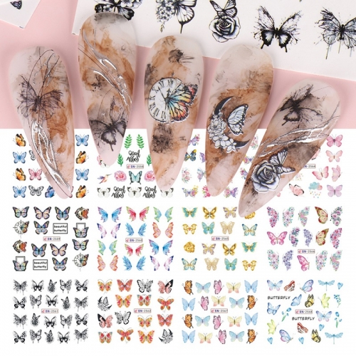 1sheet Nail Stickers Colorful Butterfly Water Nail Decal and Sticker Butterfly Color Simple Spring DIY Nails for stickers Nail Art Watermark Manicure 