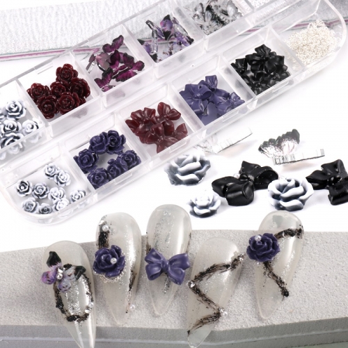 1jar or 1box White Camellia Nails Art Decoration 3D Resin Black Flower Rhinestones Metal Pearl Elegant Nail Deco Parts Manicure 