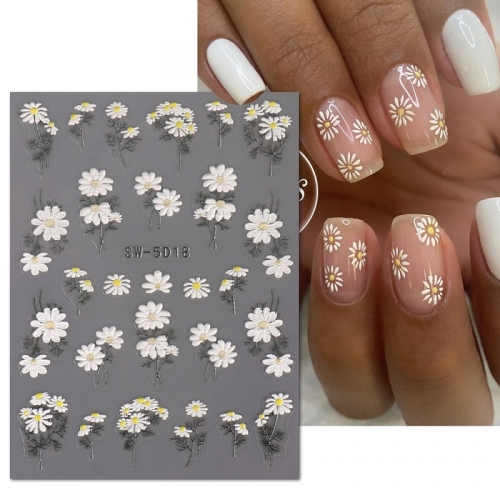 1Pcs Spring Nail Art Stickers Flowers Plant Leaves Sunflower Daisy Florets 5D Embossed Nail Decals