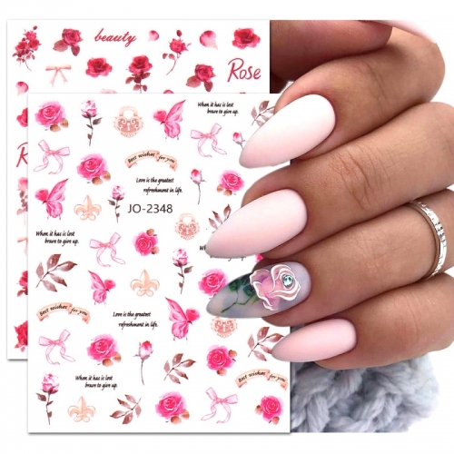 1Pcs Spring Summer Pink Rose Flowers Transfer Decals Nail Art Stickers 