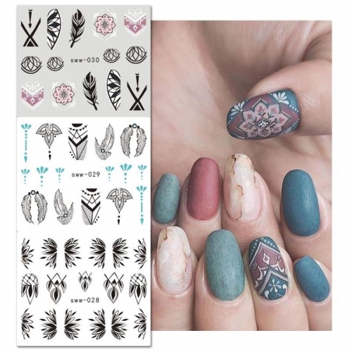1Set Embossed Nail Stickers Lace Mandala Moroccan Feather Totems Engraved Design Manicure Decoration