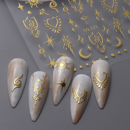 1Pcs 3D Golden Sun Moon Nail Art Stickers Decals Chrome Silver Stars Heart Mysterious Celestial Designs Decorations Manicure Sliders