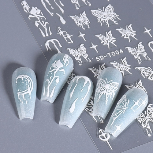 1Pcs 5D Stickers White Flowers Lace Nail Slider Florals Leaf Nail Art Decals Gel Adhesive Manicure Webbing Design Summer Decorations