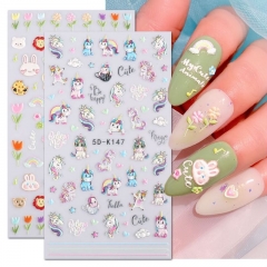1Pcs Cartoon Nail Art Sticker Cute Embossed Unicorn Five-pointed Star Acrylic Holiday Decal Charm Wrap Manicure Decoration
