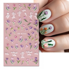 1 Pcs 5D Stikers for Nails Tulip Flowers Bud Grass Design Manicure Stiker Geometry Transfer Slider Adhesive Nail Art Decoration