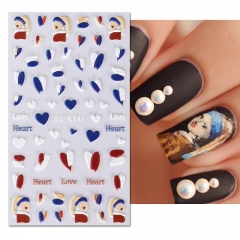 1Pcs 5D Girl with Pearl Earring Embossed Nail Stickers Blue Heart Press on Nails Anime Stickers Nail Decoration Decals