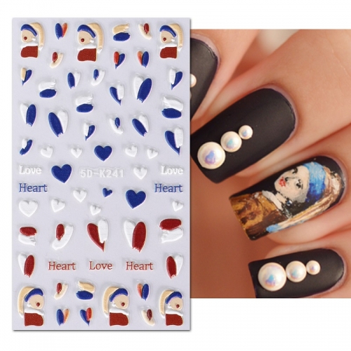 1Pcs 5D Girl with Pearl Earring Embossed Nail Stickers Blue Heart Press on Nails Anime Stickers Nail Decoration Decals