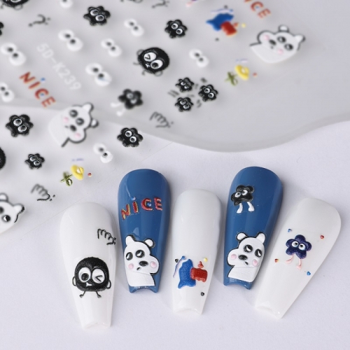 1Pcs Black Coal Ball Cartoon Nail Stickers Graffiti Style Embossed Slider Lucky Eye Bear Cartoon Nails Art Decal Manicure Decoration