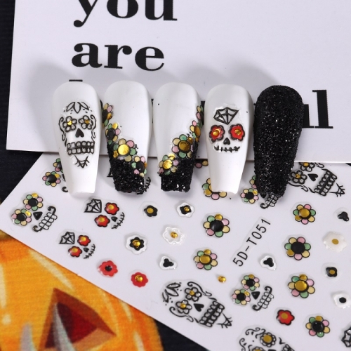 1Pcs 5D Liquid Hot Gold and Silver Halloween Nail Sticker Skeleton Ghost Self Adhesive Decal Decoration