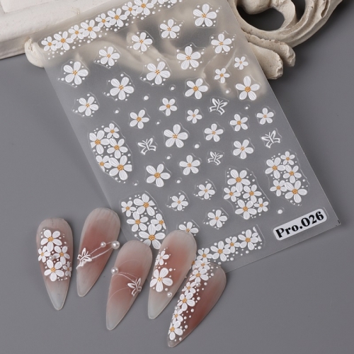 1Pcs 3D Embossed Nail Sticker Small White Flower Five-petal Sticker Small Daisy Flower Water Decals 