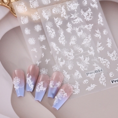 1 Pcs 5D Flowers Nail Stickers Decals White Lace Wedding Design Floral Embossed Nail Art Decoration