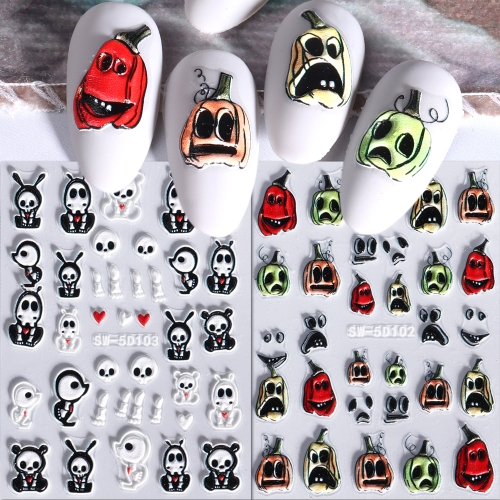 1 Pcs Cartoon Halloween Nail Stickers Fun Pumpkin Witch Clown Skull Manicure Decoration Nail Decal
