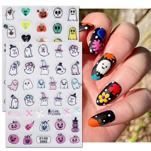 1Pcs Halloween Ghost Pumpkin Nail Sticker 5D Embossed Skull Cartoon Winter Festival Manicure Decoration