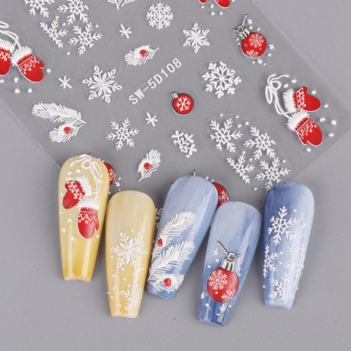 1pcs 5D Embossed Christmas Nail Art Stickers Winter Red Balloon Bell Snowflake Flower Sliders Manicure Decal Engraved Nail Decoration