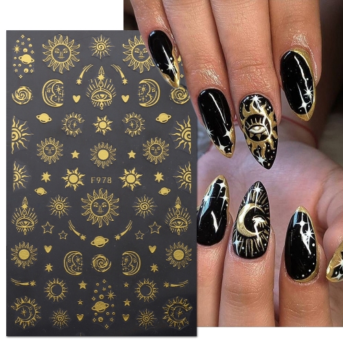 1 Pcs Bronzing Gold Stickers Nails Sun Moon Star Decal Mystey Space Celestial Manicure Sticker